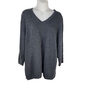 Kate Hill Women Sweater Size 1X V Neck 100% Merino Wool Gray Pullover 3/4 Sleeve